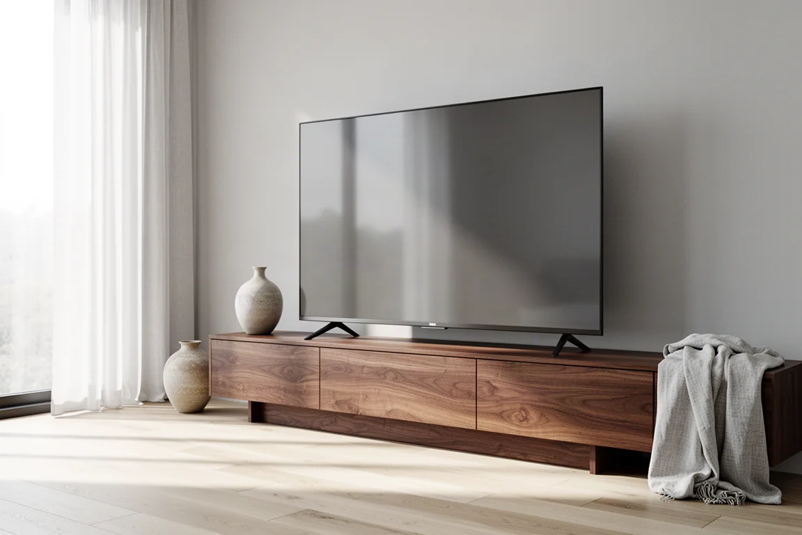 Large 4K LED television on a walnut media console in a bright modern living room