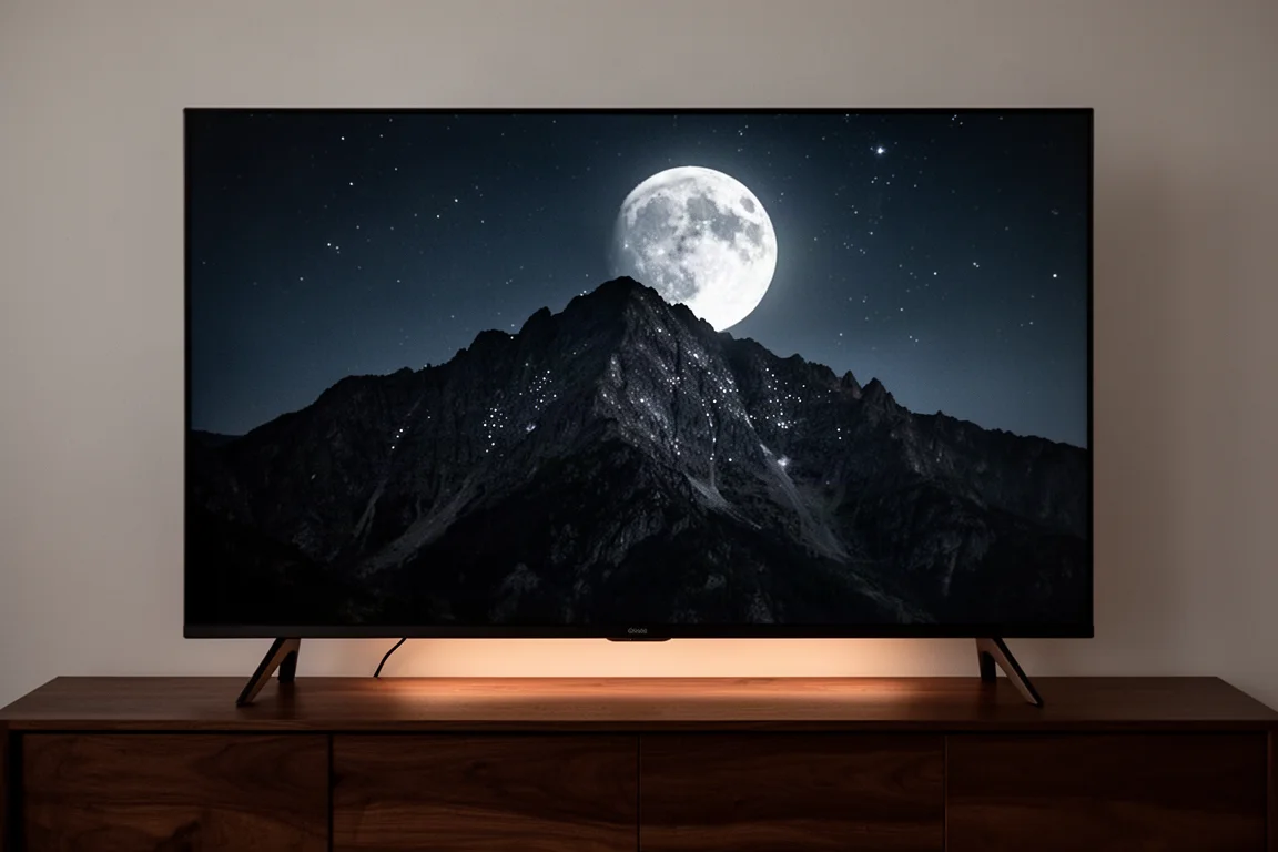 高コントラストの月明かりの風景を映すテレビ画面の接写