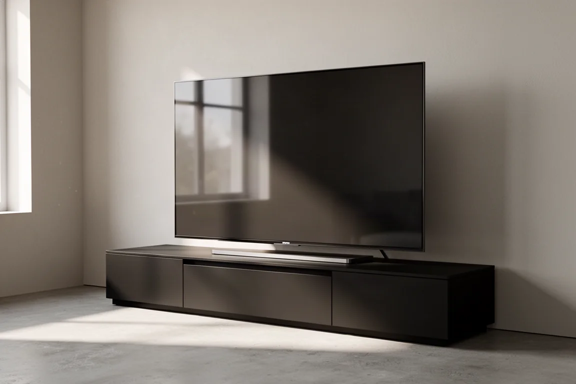 Large flat-panel 4K television on a low media console in a minimal living room