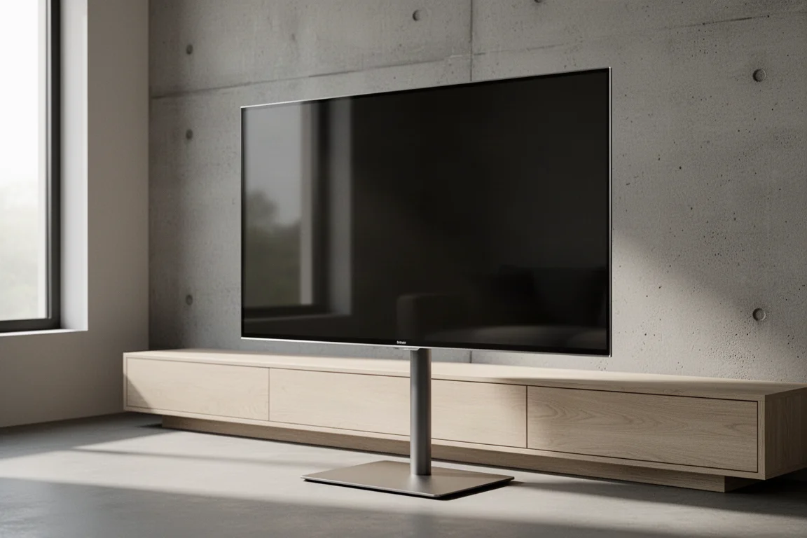 Large flat-panel television on a slim stand in a minimalist living room with pale oak console