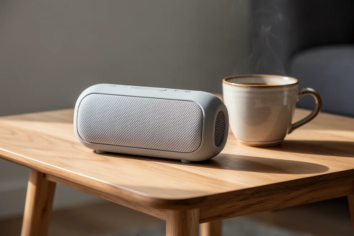 Altoparlante Bluetooth portatile grigio chiaro appoggiato su un tavolino accanto a una tazza di caffè