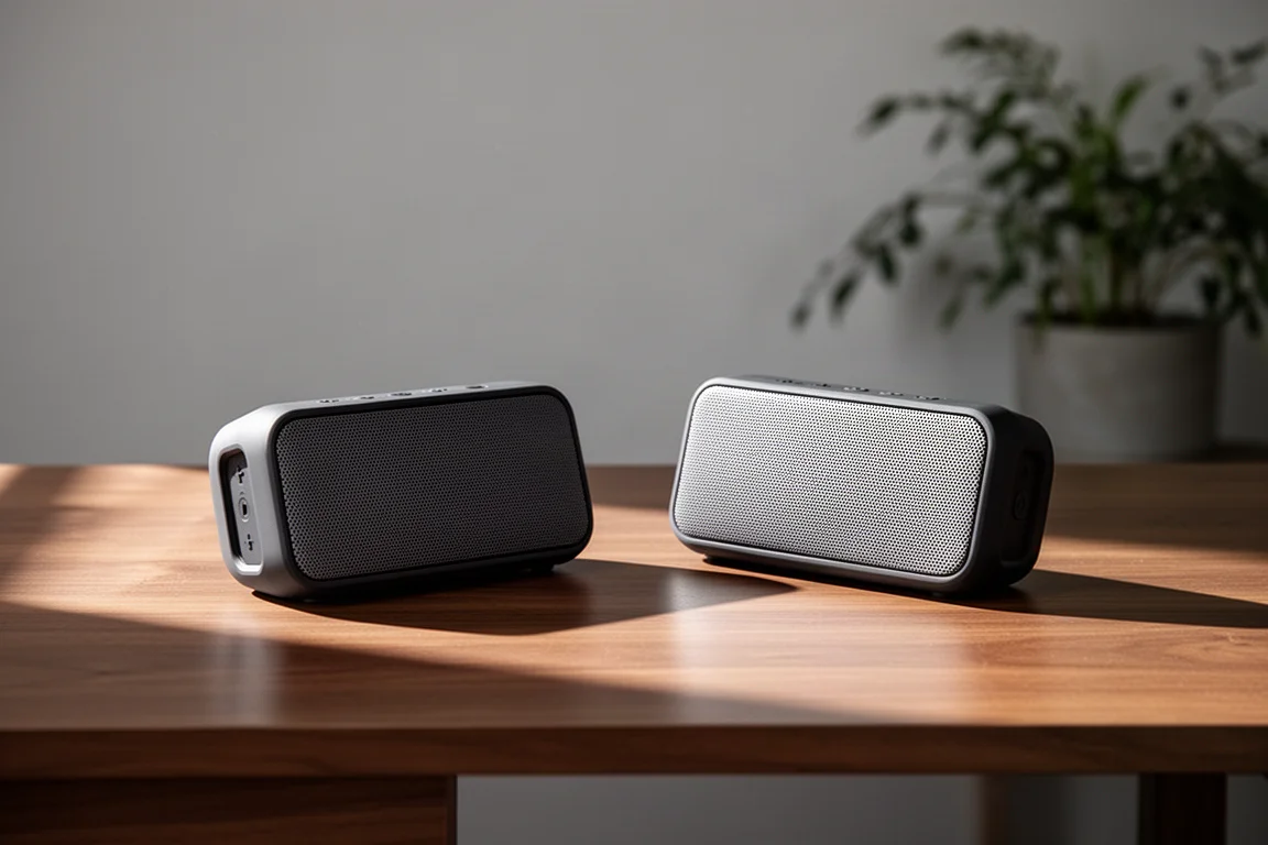Due altoparlanti Bluetooth portatili collegati tra loro su una scrivania in legno in configurazione stereo