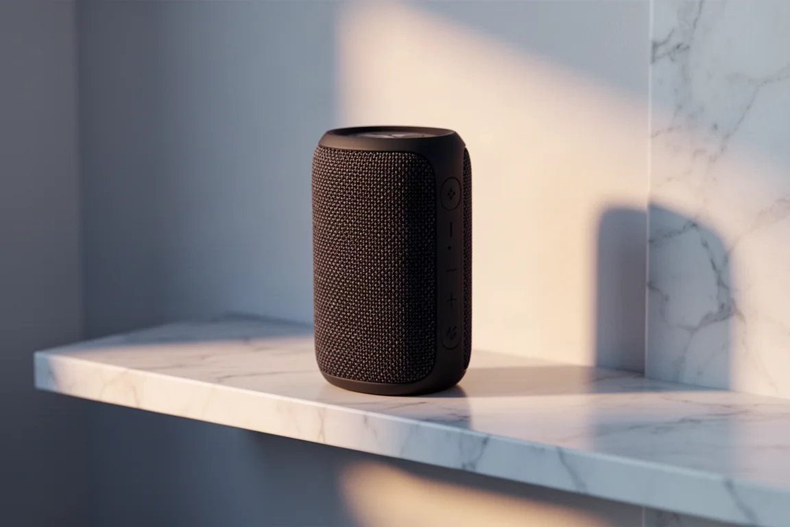 Altoparlante Bose SoundLink Flex con finitura in tessuto scuro su una mensola in marmo con luce serale soffusa