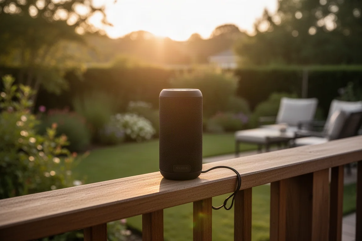Altoparlante portatile che riproduce musica durante una riunione in giardino nell'ora dorata