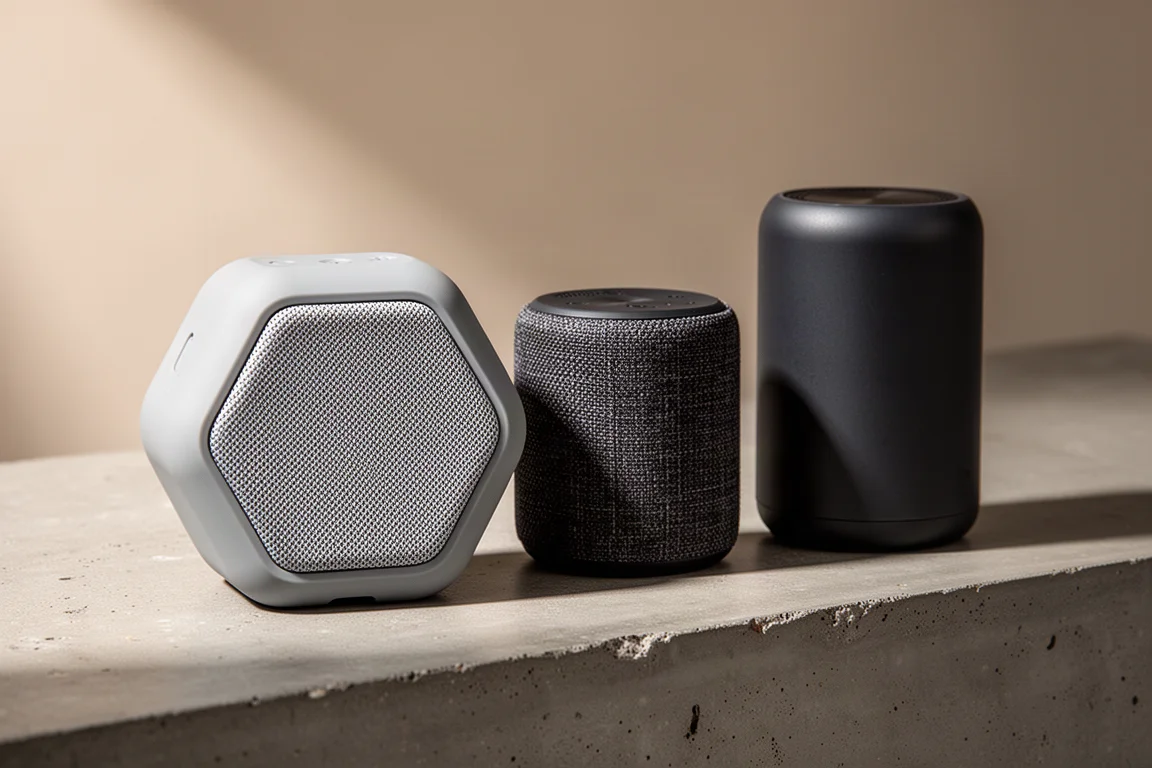 Three portable Bluetooth speakers in gray and black finishes on a concrete surface