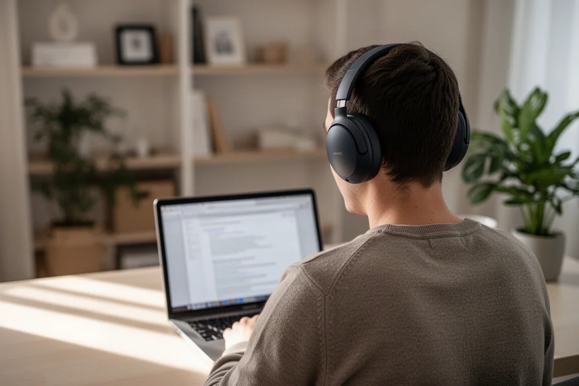 Persona vista desde atrás con auriculares de diadema en un escritorio de oficina en casa