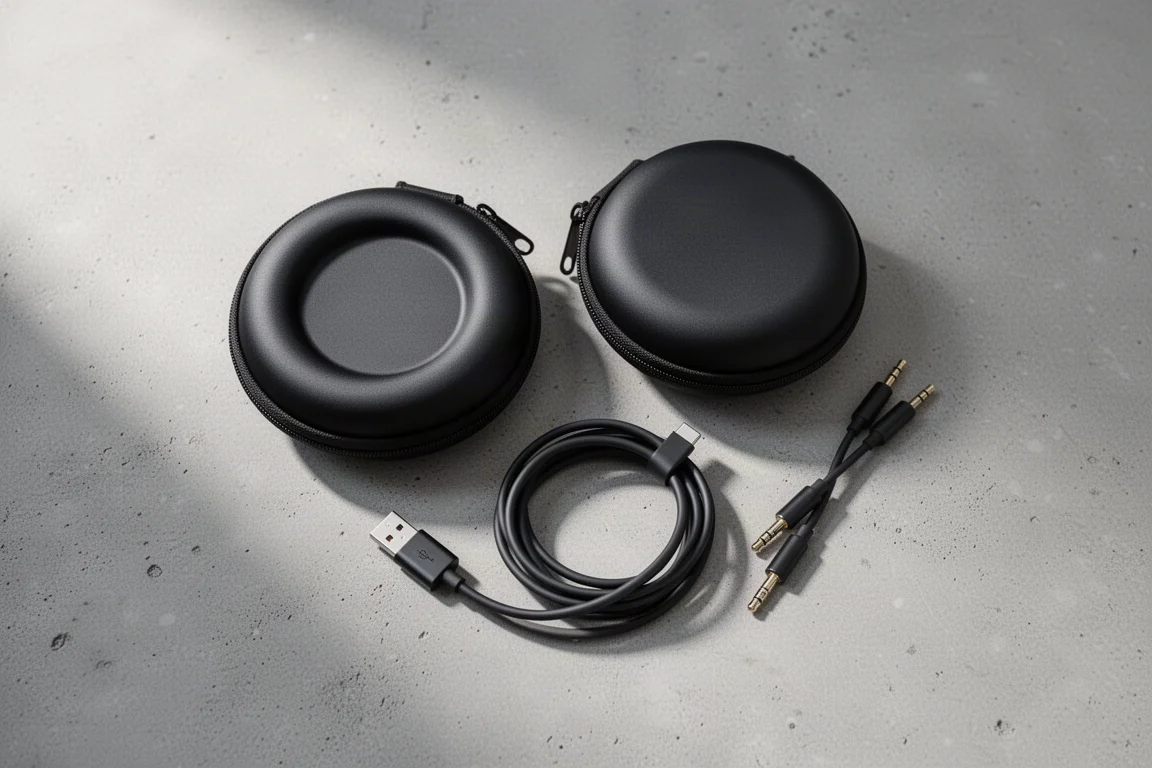 Vista cenital de un estuche plegable para auriculares, cable USB-C y cable de audio sobre hormigón