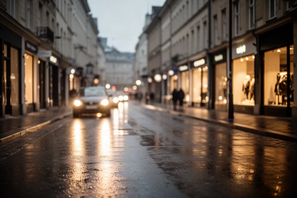 Calle de ciudad al atardecer con faros desenfocados y escaparates iluminados