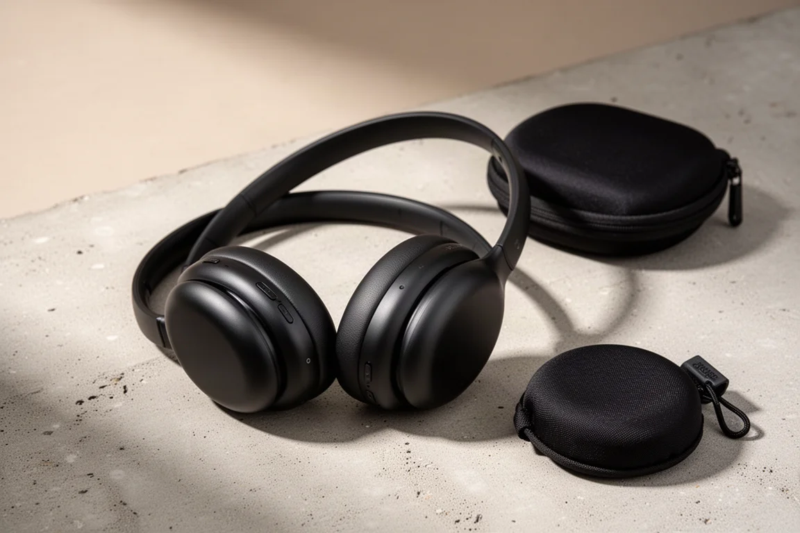 Matte black over-ear wireless headphones resting flat on concrete beside a travel case