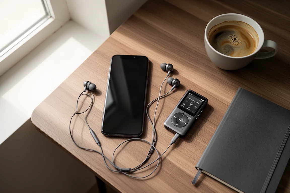 Flache Anordnung eines Smartphones, kabelgebundener Ohrhörer und eines tragbaren Musikplayers auf einem Holztisch