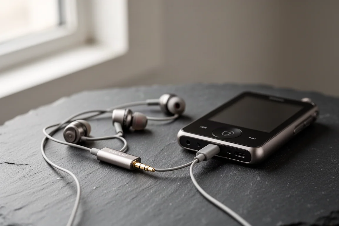 Kleiner Dongle-Audioadapter und kabelgebundene Ohrhörer neben einem tragbaren Musikplayer