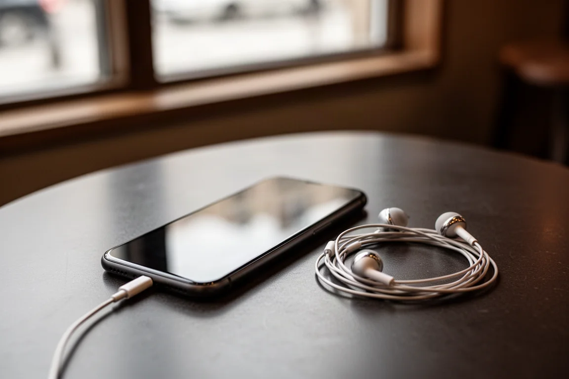 Smartphone und aufgerollte kabelgebundene Ohrhörer auf einem Cafétisch neben einem hellen Fenster