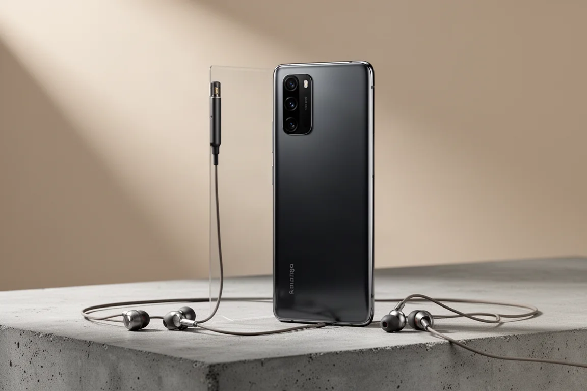 Tall dark flagship smartphone with wired earphones on a concrete surface