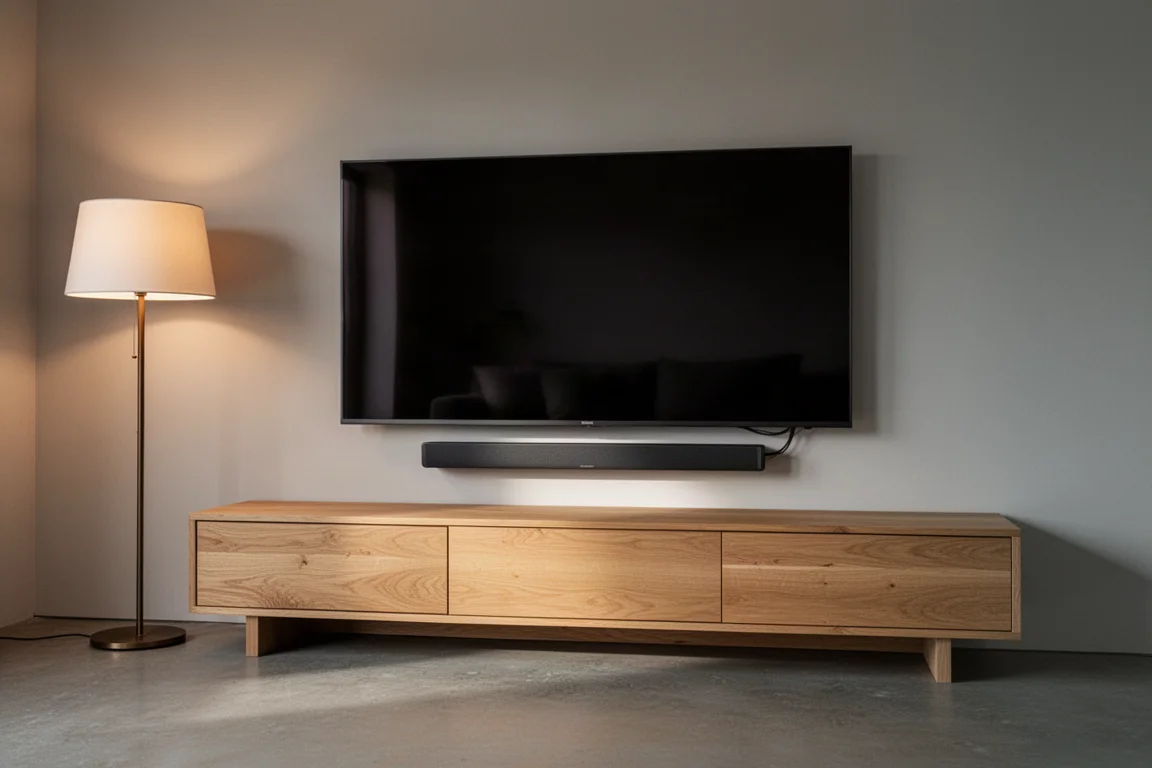 Grande televisore montato sopra una console bassa con una soundbar sottile in un soggiorno ordinato