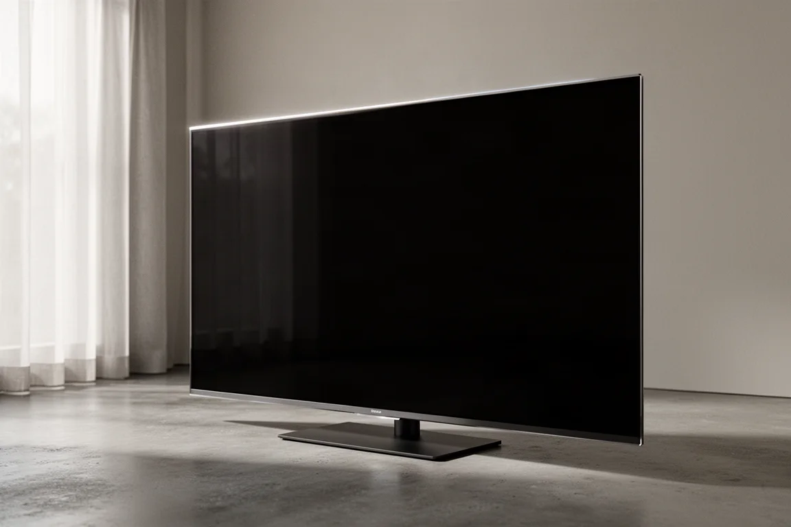 Large flat-panel television with slim bezel on a stand in a minimal living room