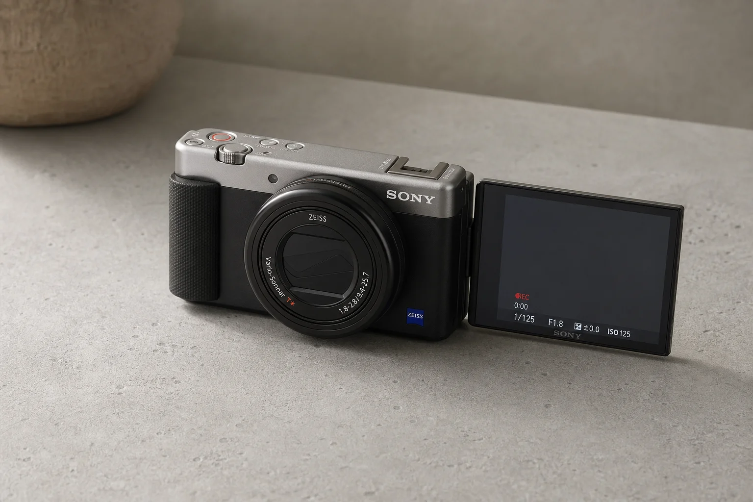 Kompakt Sony ZV-1 vloggkamera med utfällbar skärm på en betongyta