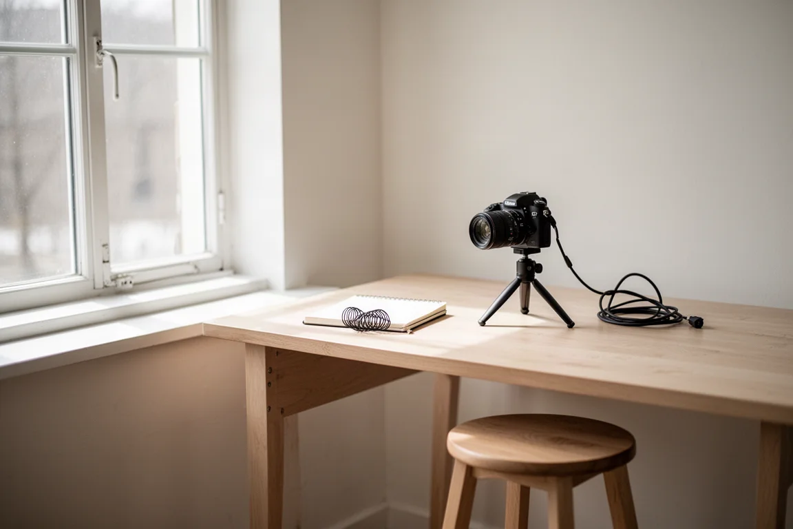 Kompakte Kamera auf einem Stativ in einem hellen Heimstudio mit Schreibtisch und Fensterlicht