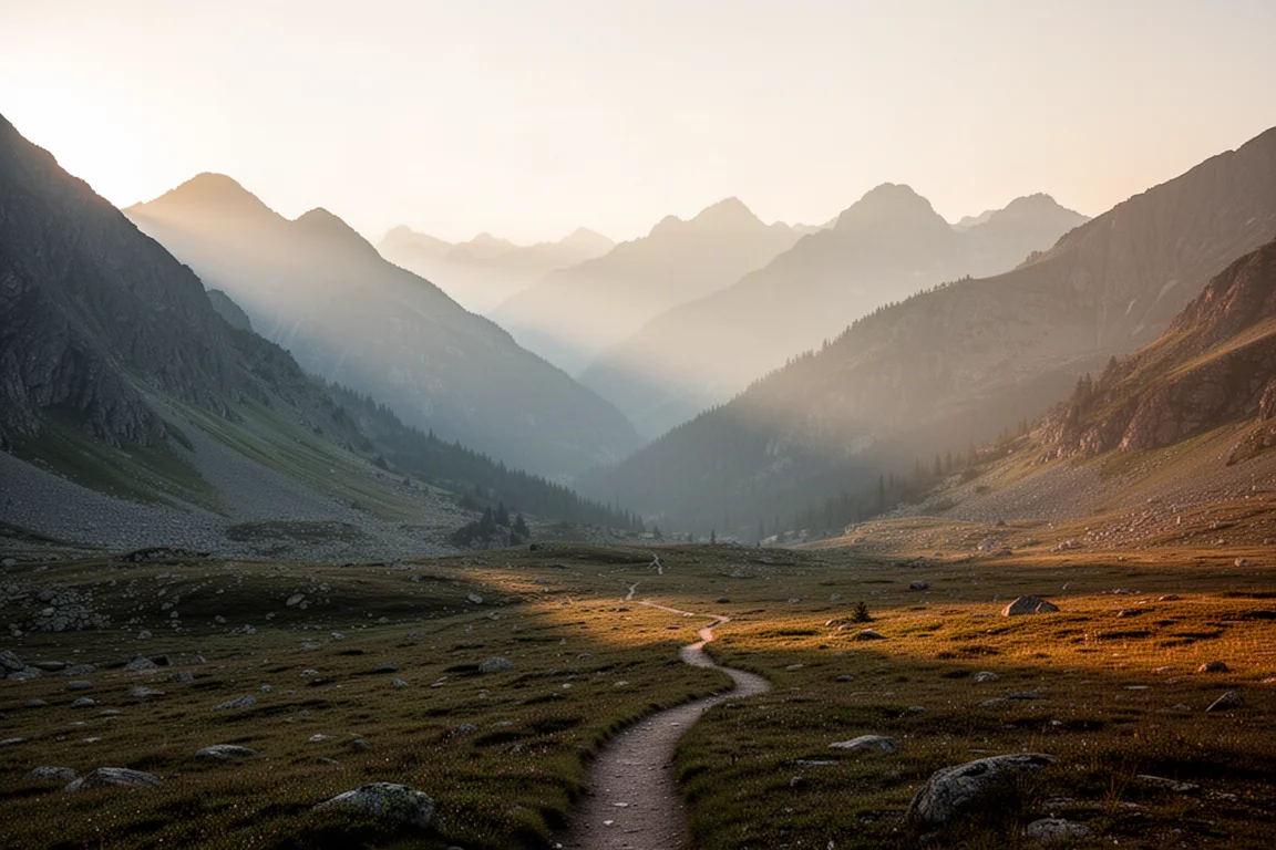 Weites Bergtal bei Sonnenaufgang mit gestaffelten Bergkämmen und einem gewundenen Pfad