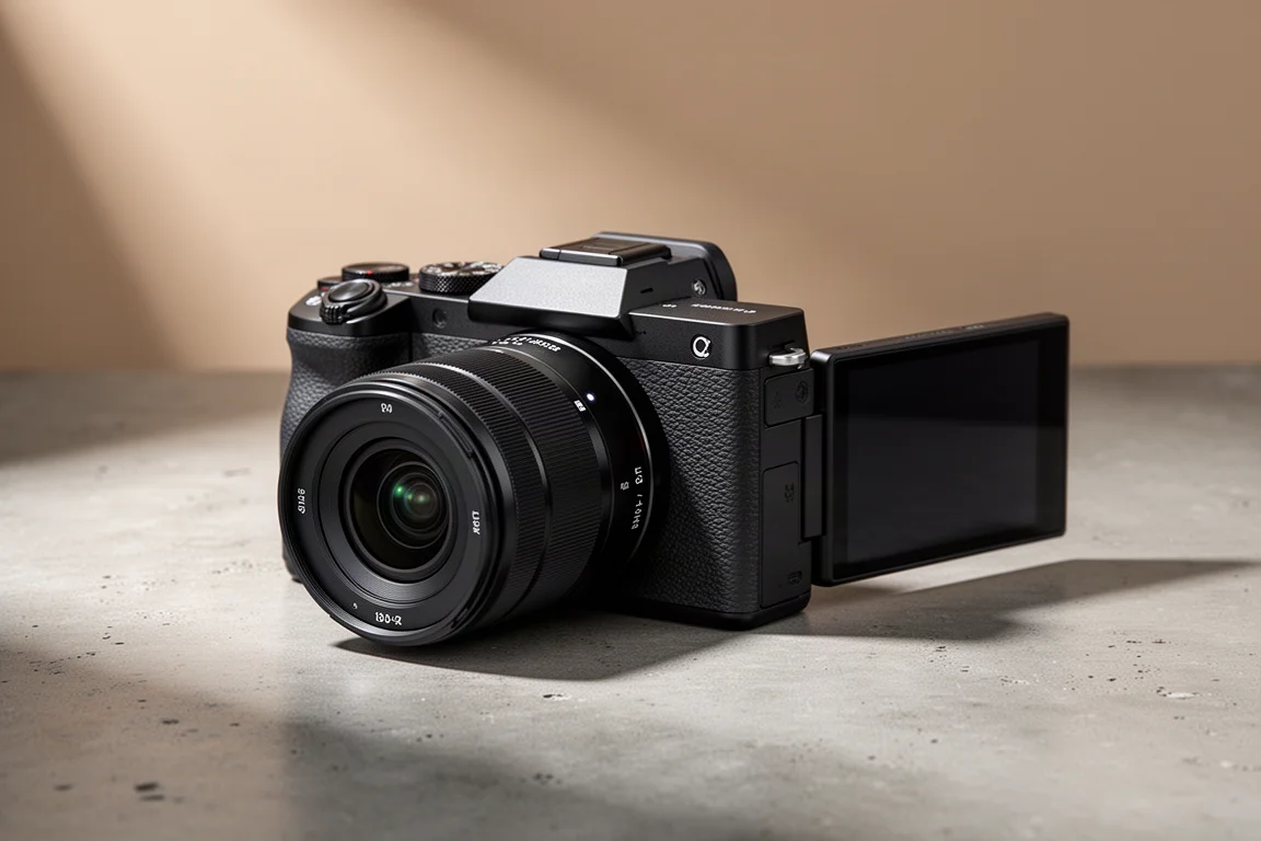 Compact black interchangeable-lens camera with a flip-out screen on concrete