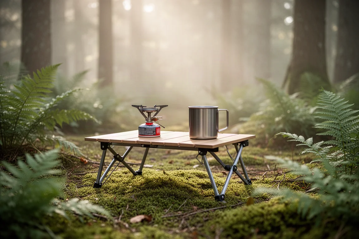Campingkookstel en mok op een lage tafel op een met mos bedekte bosbodem