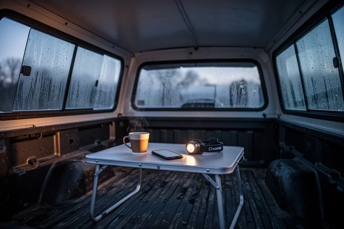 Klein tafeltje met een koffiekopje en telefoon in een camper op een truckbed bij schemer
