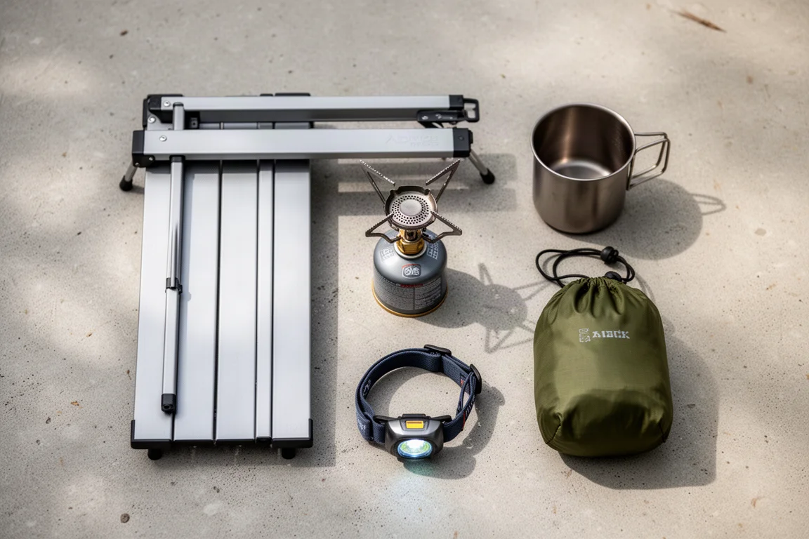 Overhead flat-lay van een opgevouwen kampeertafel, kookstel, mok, hoofdlamp en stuff sack