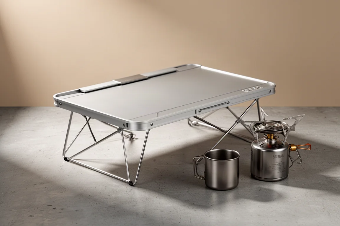 Deployed slim folding camp table with a compact stove and mug on a concrete surface