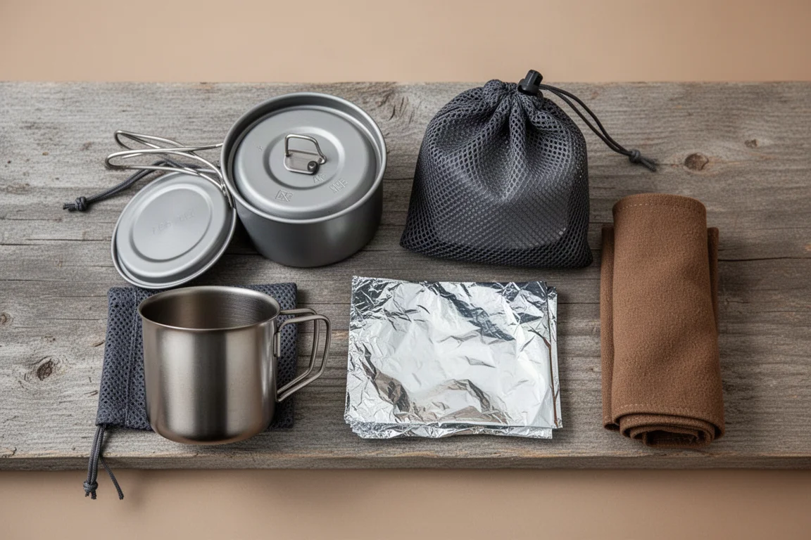 Vista aérea de um kit de cozinha de camping compacto com panela de alumínio, saco de malha, caneca e papel-alumínio