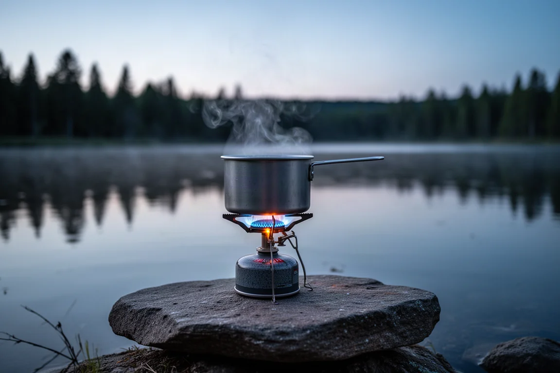 Pequeno fogareiro de camping aquecendo uma panela de água ao lado de um lago ao anoitecer