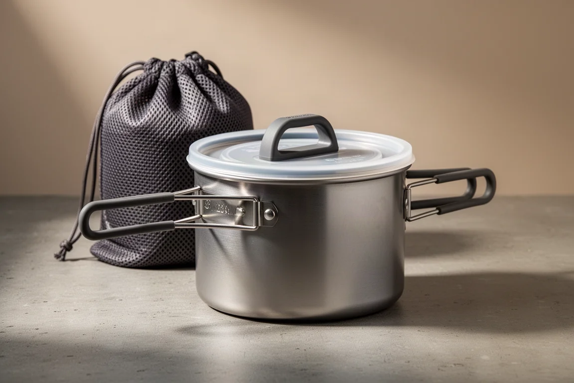 Aluminum camping pot with plastic lid and mesh stuff sack on a concrete surface