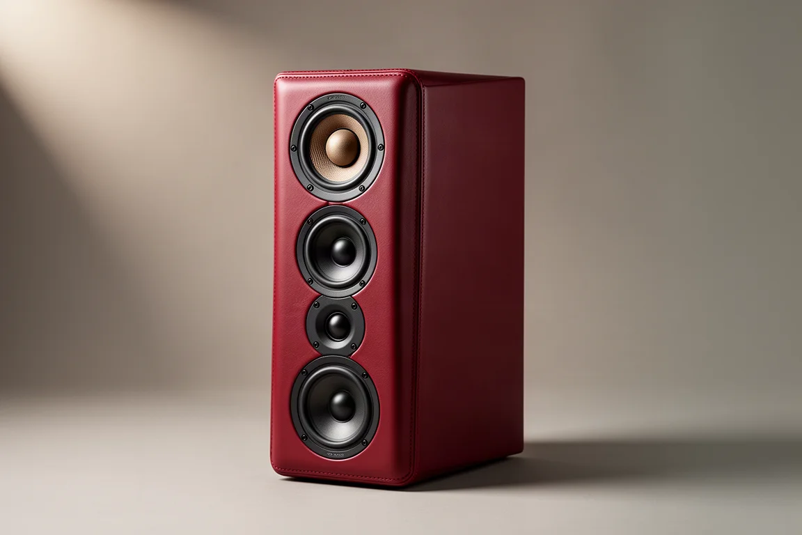 Slim high-end loudspeaker with red leather baffle and stacked drivers on grey backdrop