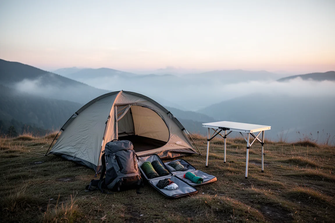 Lichtgewicht solokamp op een bergplateau bij zonsopgang met een compacte opvouwbare tafel