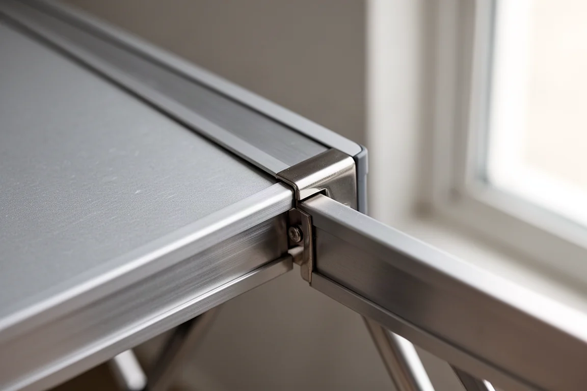 Macrodetail van een geborstelde aluminium tafelrand die een roestvrijstalen scharnier raakt