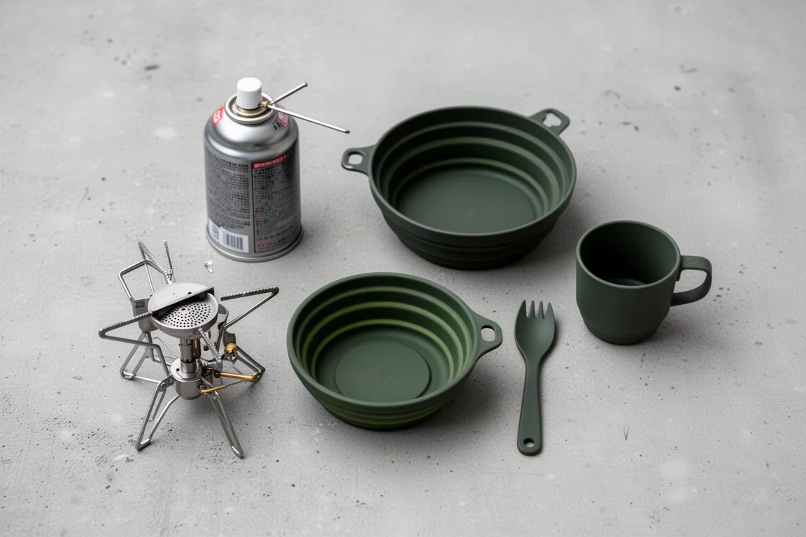 Flatlay van bovenaf van een minimale kampeerkeukenkit op een klein oppervlak