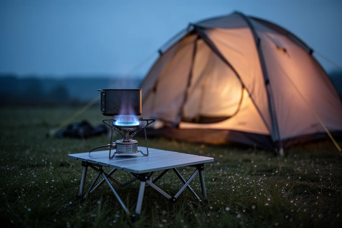 Campingbrander brandt op een opvouwbare tafel in de schemering met een tent op de achtergrond