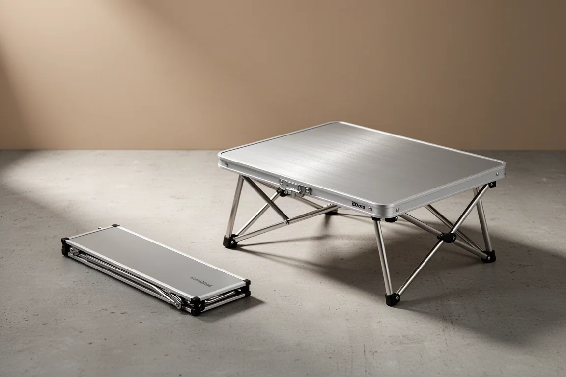 Compact pop-up camping table shown folded and opened on a concrete surface