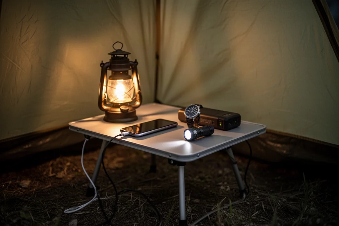Tentinterieur met een telefoon, hoofdlamp en horloge naast een slaapzak