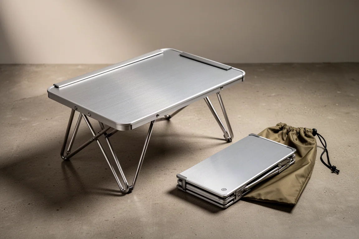 Compact folding camp table open beside its folded form and nylon storage bag on concrete