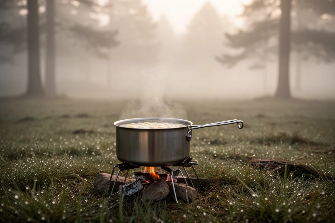 Excursionista cocinando gachas en una olla pequeña sobre un hornillo de camping en un campamento con niebla matutina