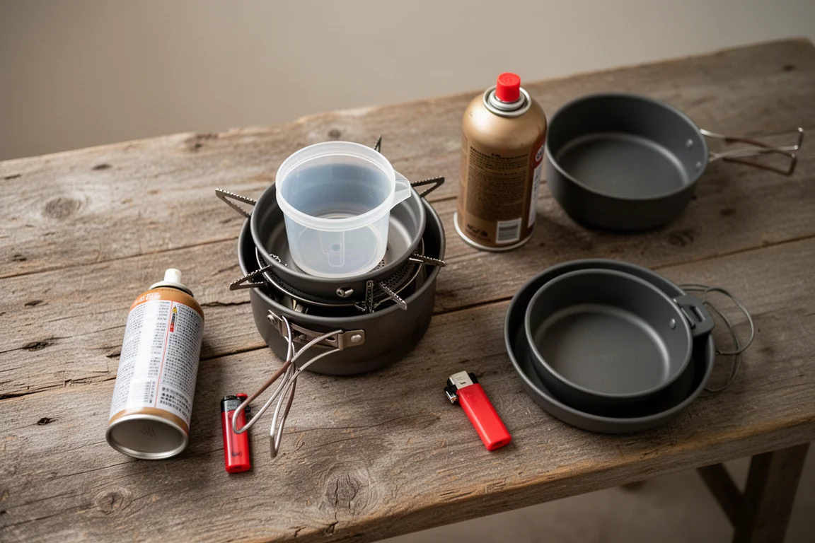 Hornillo de camping plegado y cartucho de gas guardados junto a utensilios de cocina sobre una superficie de madera