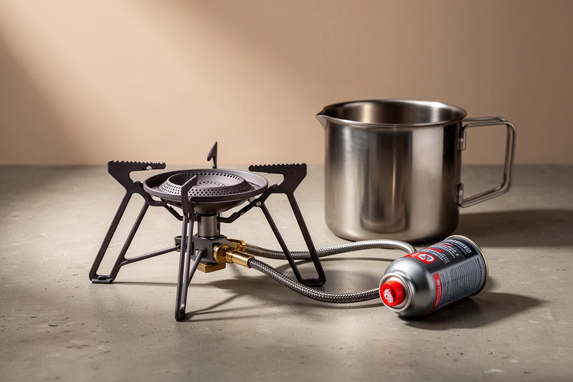 Remote canister camping stove with wide burner and hose beside a steel pot on concrete