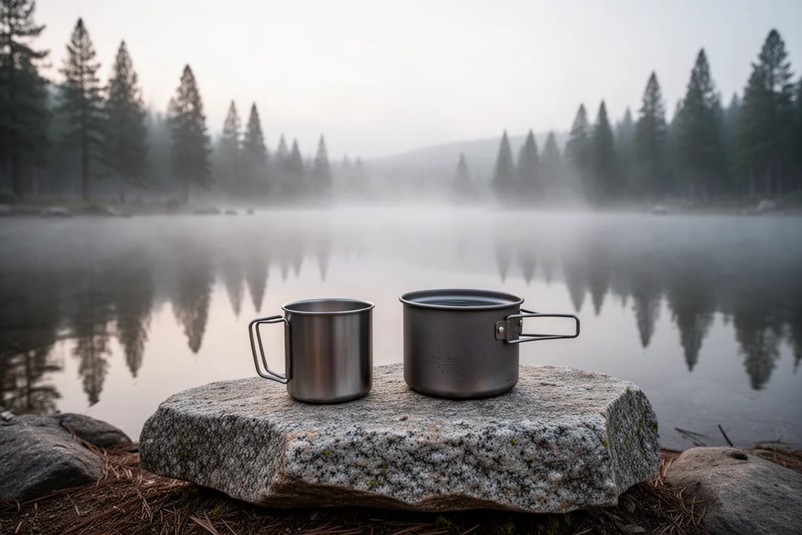 Stomende mok koffie op een rots bij zonsopkomst met bergkammen op de achtergrond