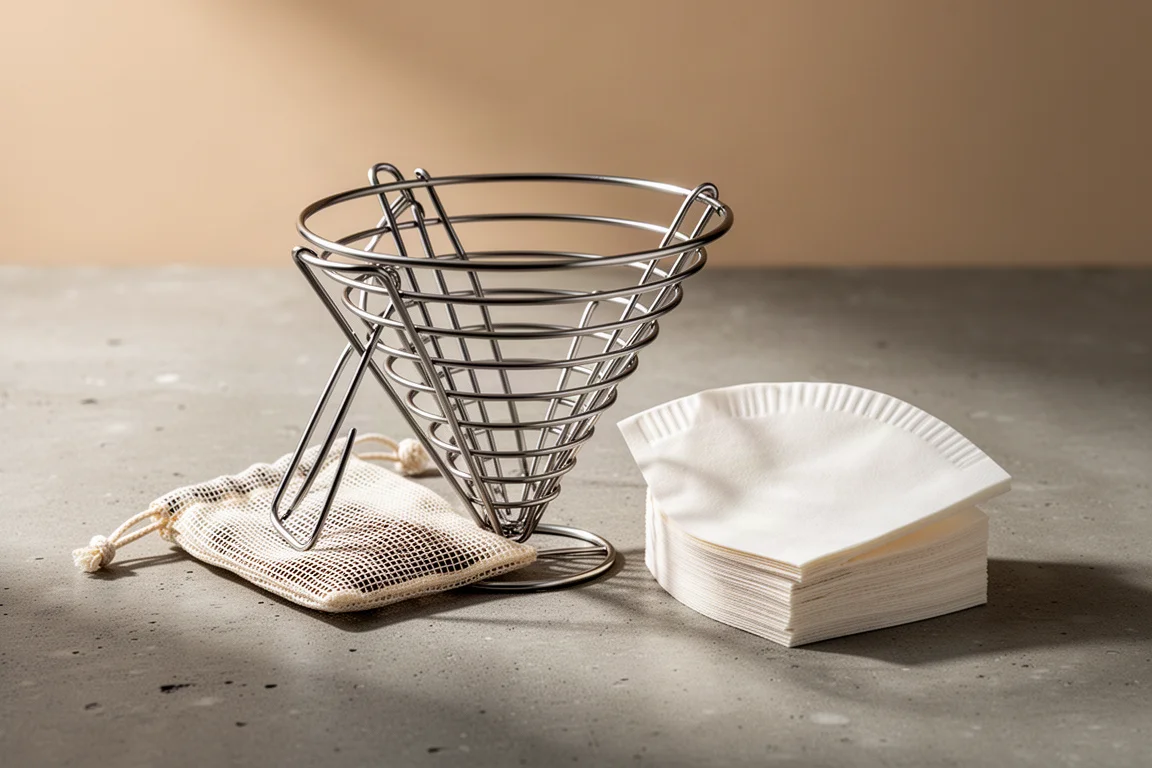 Collapsible wire pour-over coffee dripper with mesh pouch and paper filters on concrete