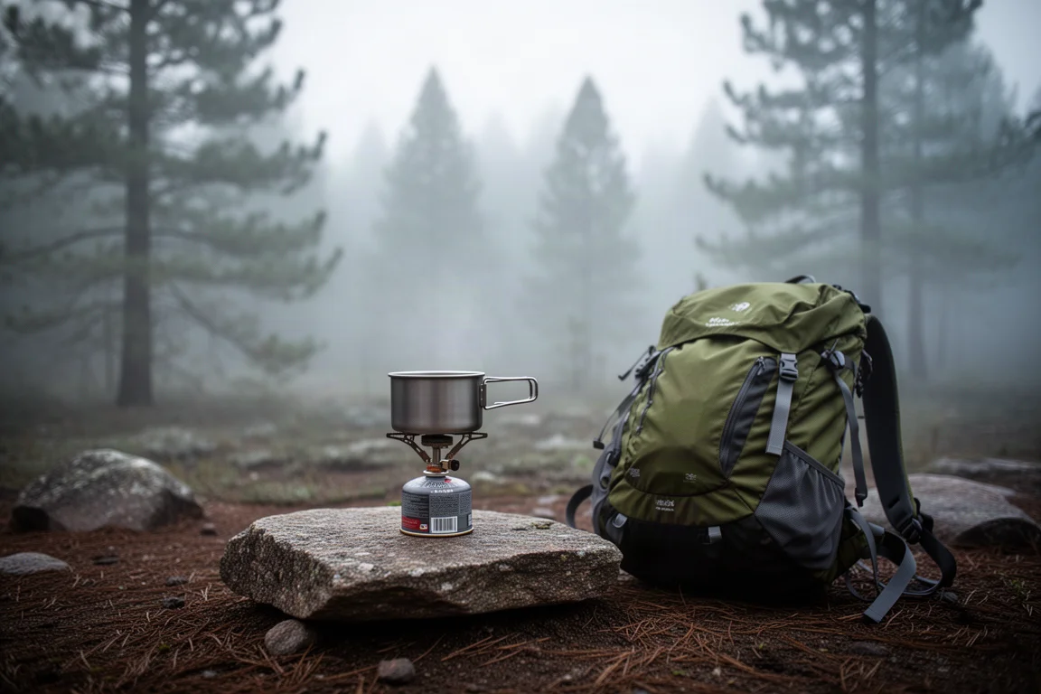 Small aluminum camp pot steaming on a canister stove at a dawn campsite