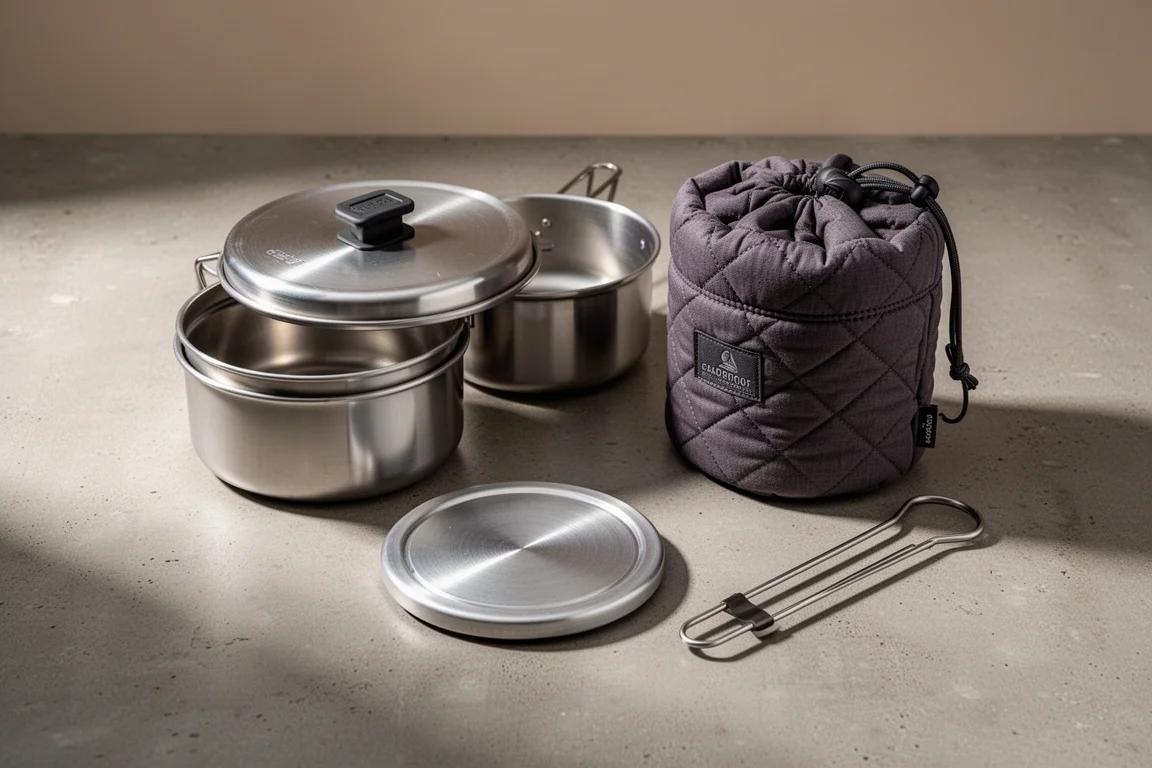 Soto Navigator Cook Set pots, lids, mesh bag, thermal disc, and pot grabber on concrete