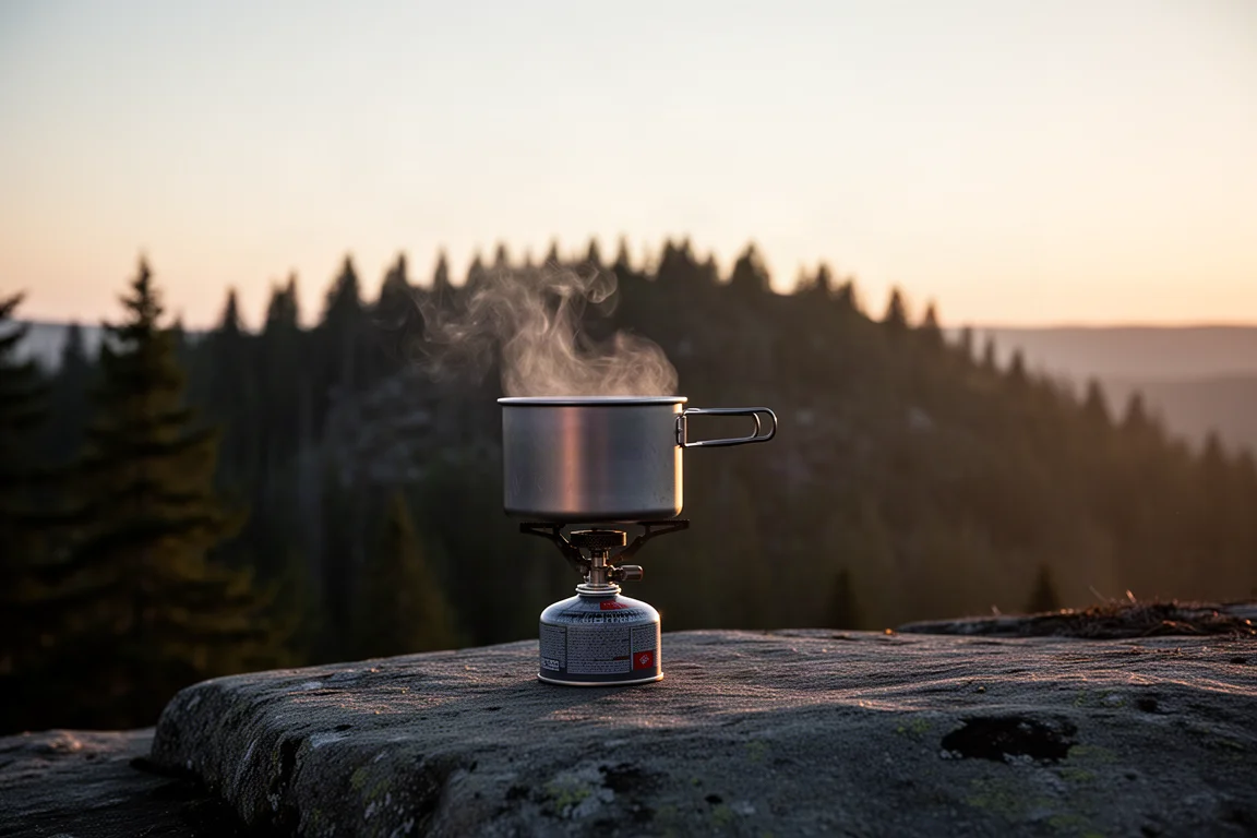 Kleiner Alu-Campingtopf dampft auf einem Kartuschenkocher auf einem Felsvorsprung bei Sonnenaufgang
