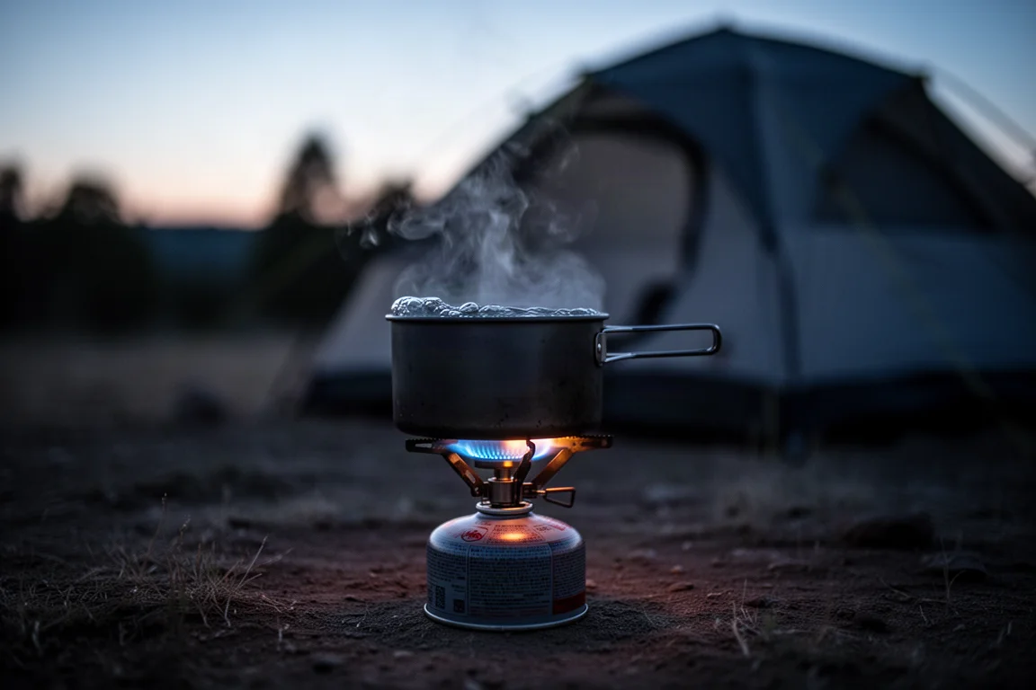 Kleiner Topf mit kochendem Wasser auf einem Kartuschenkocher auf einem Campingplatz in der Dämmerung