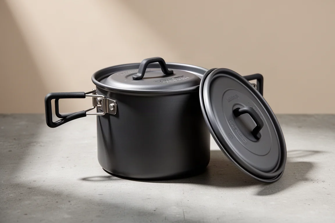 Compact aluminum camp cook pot with vented lid and folding insulated handles on concrete