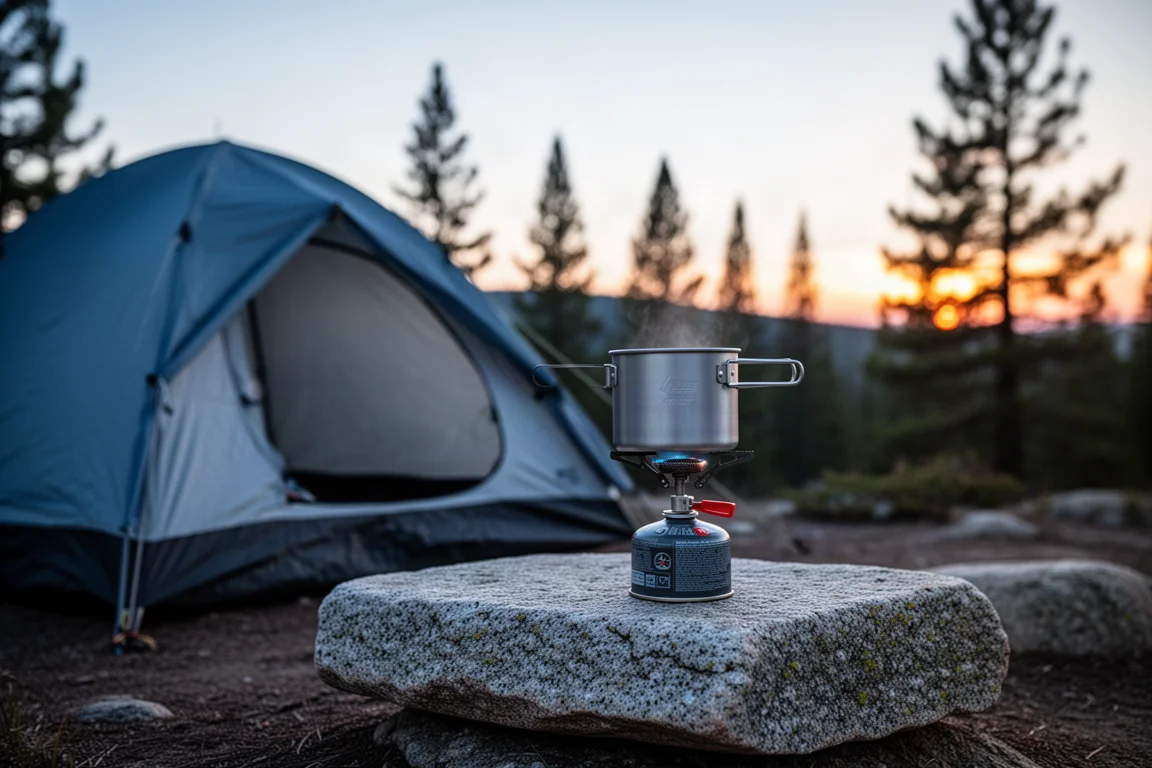 Kompakter Aluminium-Campingtopf auf einem Kartuschenkocher neben einem Zelt im ersten Licht