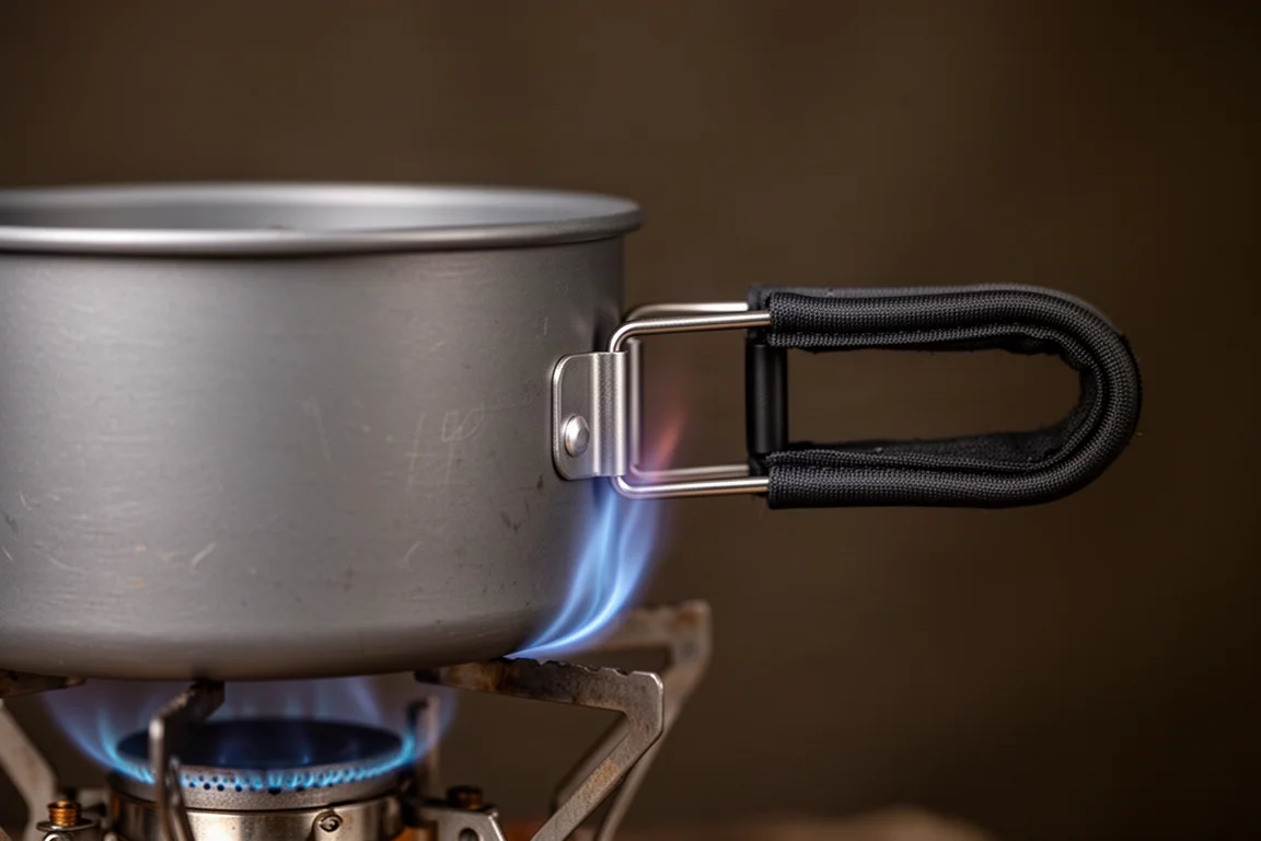 Campingtopf auf einem Gaskocher mit Flamme nahe am seitlichen Griff